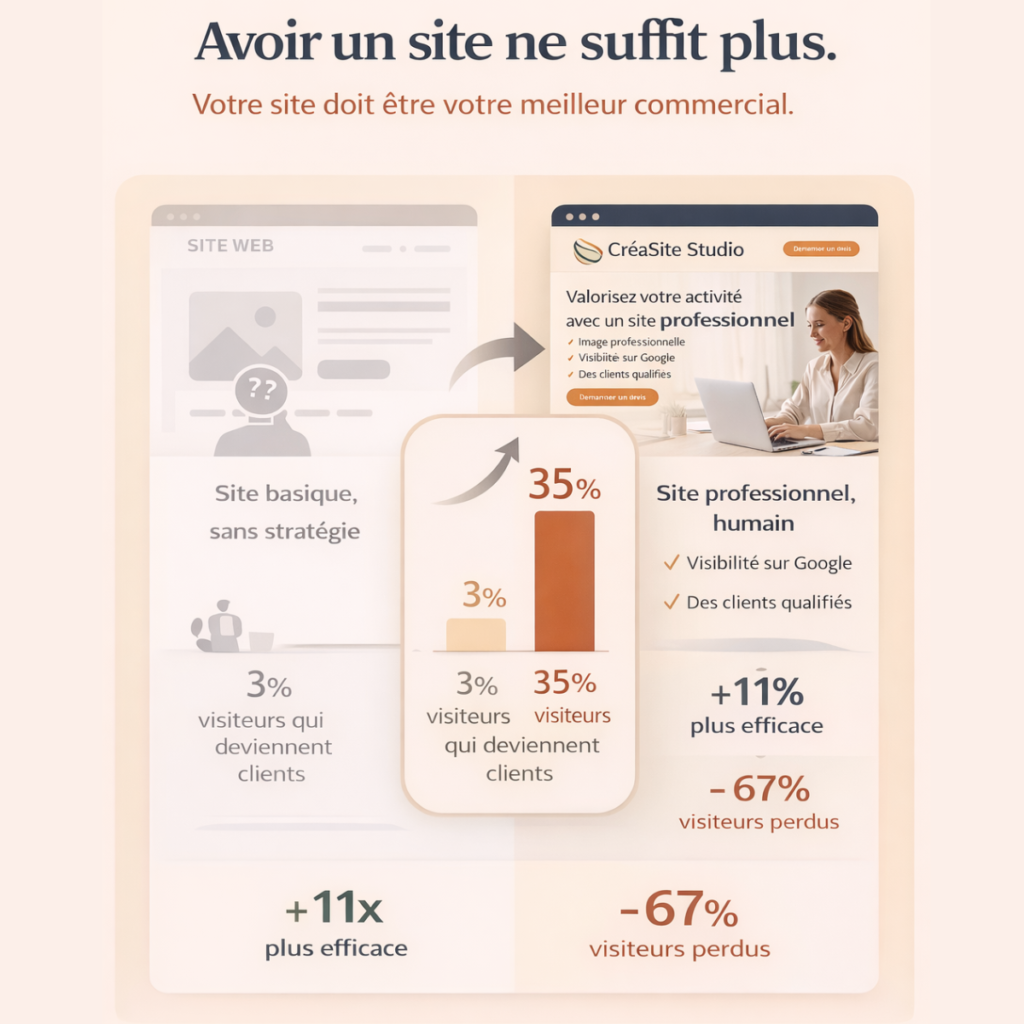 Infographie comparant un site web de base (3% de conversion des visiteurs, faible efficacité) à un site professionnel (35% de conversion, 11x plus efficace, 67% moins de visiteurs perdus), avec du texte et des illustrations.
