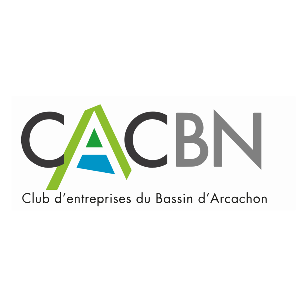 Logo du CACBN avec les lettres stylisées "CACBN" en noir, vert et bleu, et le texte "Club d'entreprises du Bassin d'Arcachon" en dessous en noir sur fond blanc.