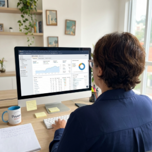Une personne vêtue d'un blazer bleu travaille à un bureau, analysant des données et des graphiques sur un écran d'ordinateur. Un carnet, un stylo, des notes adhésives et une tasse étiquetée "Peanut" sont posés sur le bureau. Des étagères et une fenêtre se trouvent à l'arrière-plan.
