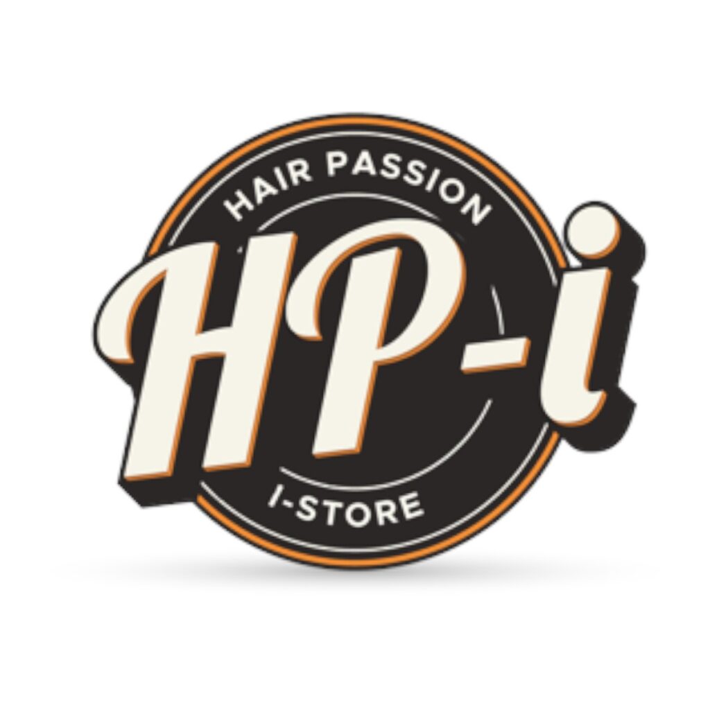 Logo comportant les mots "HAIR PASSION I-STORE" dans un dessin circulaire. Au centre, le texte "HP-i" est écrit en gros caractères de couleur crème avec des accents orange et noirs.