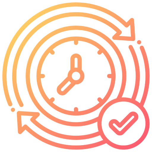 Une horloge entourée de deux flèches circulaires et d'une coche, symbolisant une gestion fiable du temps ou l'accomplissement d'une tâche dans les délais impartis.