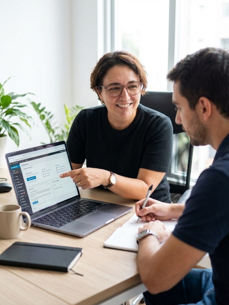 Deux personnes sont assises à un bureau avec un ordinateur portable, un carnet de notes et une tasse à café. L'une des personnes sourit et pointe l'écran de l'ordinateur portable tandis que l'autre prend des notes. L'espace de travail est éclairé par la lumière naturelle et par des plantes en pot.